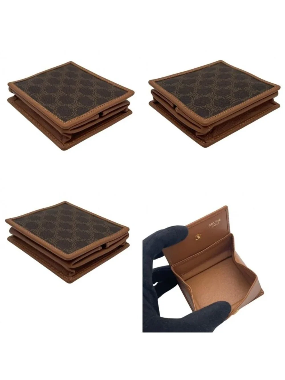 Celine Macadam Pattern Triomphe Compact Wallet Fold Mini Leather Camel Brown